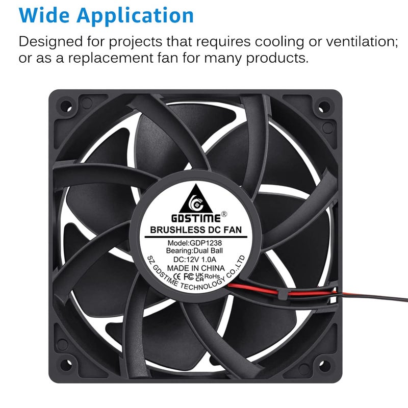 GDSTIME 120mm x 38mm Static Preesure Fan, 12V Dual Ball Bearing Powerful Airflow High Speed 12038 12cm 5 Inch 12V DC Cooling Fan 2-Pin - Image 4